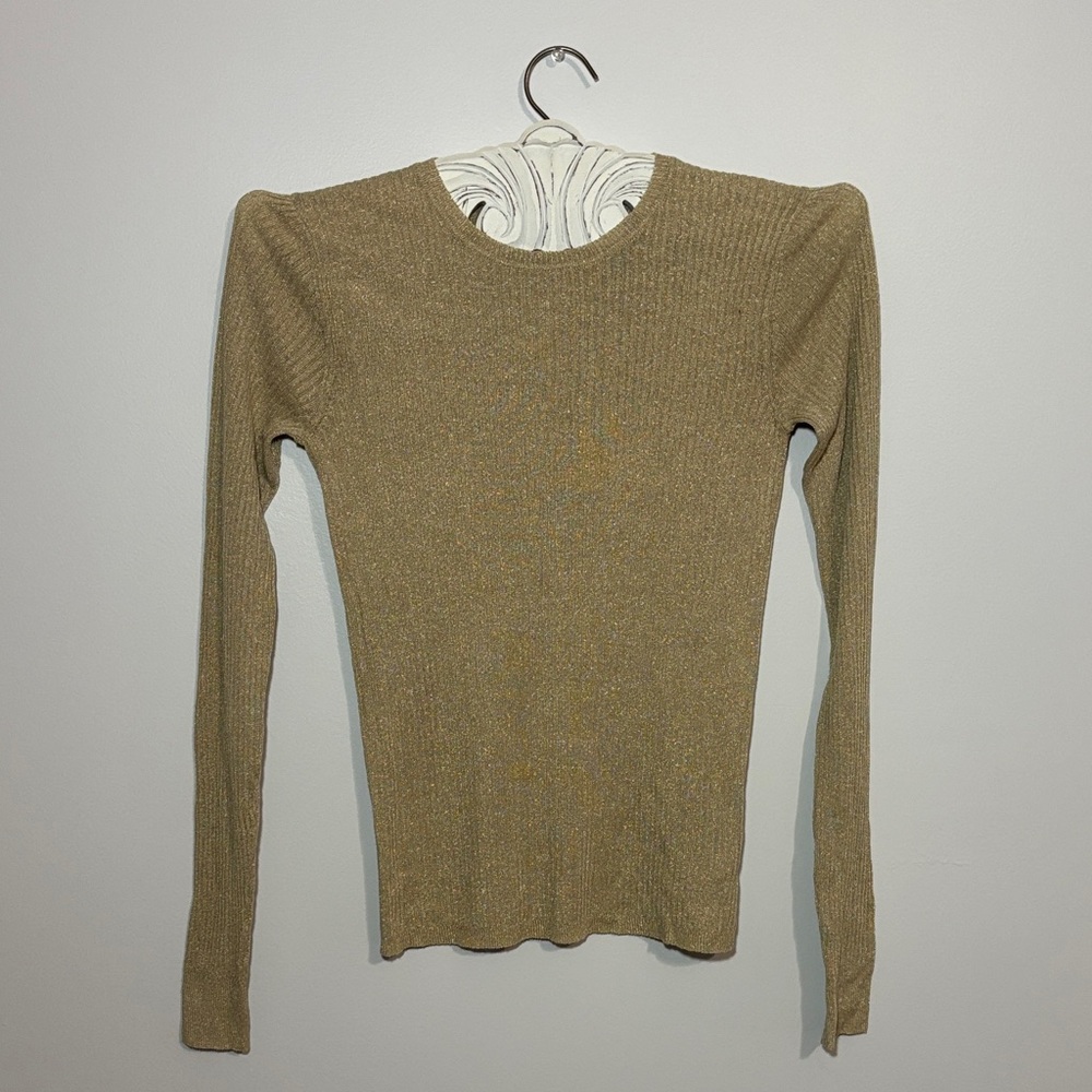 Juicy Couture Black Label Gold/Tan Metallic Ribbed Long-Sleeve Knit Top Glittery